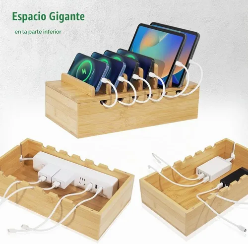 Vista 5 de Estación de carga de bambú para múltiples dispositivos, organizador de estaciones de acoplamiento de escritorio compatible con dispositivos iPhone