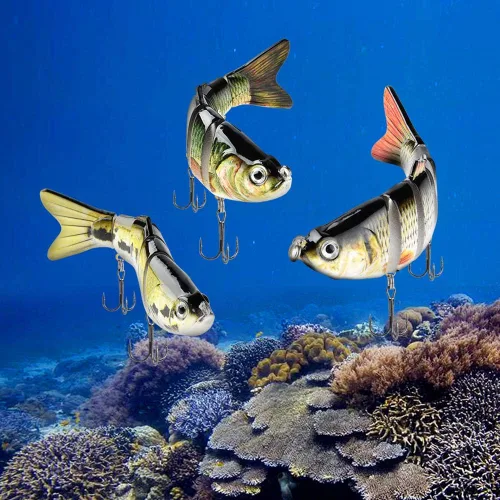 Vista 6 de Señuelos de pesca realistas para lubina, trucha, lucioperca, pez depredador, cebos realistas de peces multiarticulados, kits de aparejos de pesca