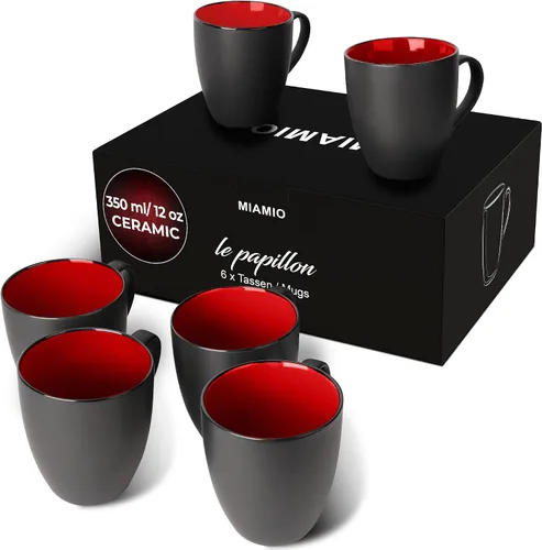 Vista 11 de MIAMIO - Juego de 6 tazas de café de gres 12 onzas/taza - Colección Le Papillon (Negro)