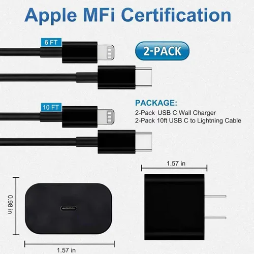 Vista 6 de FEEL2NICE Cargador de iPhone de carga rápida, paquete de 2 bloques de carga de pared tipo C con 2 unidades [6 pies y 10 pies] cable USB C a Negro