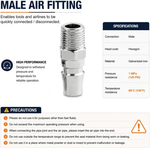 Vista 6 de Acoplador de aire BE-TOOL PM20-1/4" BSP Conectores de línea aérea macho de liberación rápida para herramientas de compresor (paquete de 2)