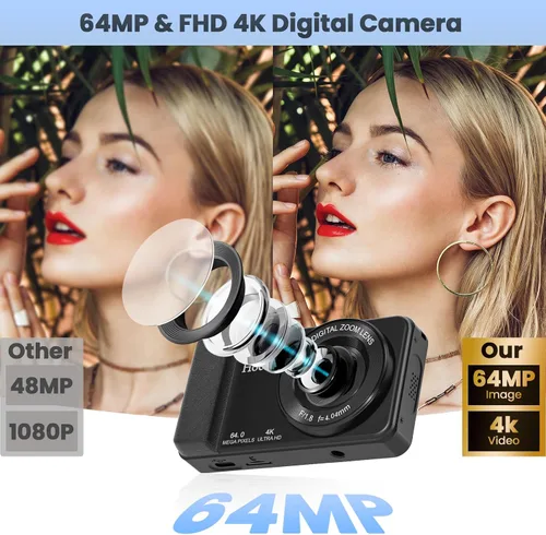 Vista 2 de Cámara digital 4K de 64MP, Hoestr Cámara compacta de punto y disparo con zoom 18X y enfoque automático con tarjeta TF de 64GB, flash, pantalla LCD