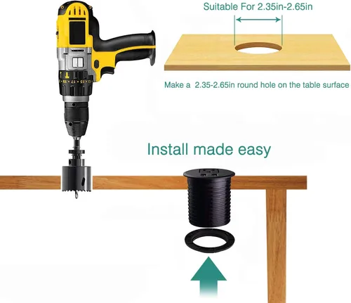 Vista 4 de Ojal de alimentación de escritorio de 2 3/8 pulgadas con orificios de mesa con 2 puertos de carga USB, cable de extensión de 6.5 pies con 1 toma