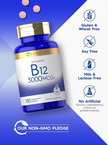 Vista 4 de Carlyle Vitamina B12 3000 mcg 180 tabletas Suplemento vegetariano Sin OMG y sin gluten