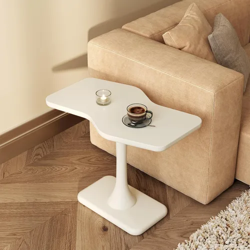 Vista 8 de Guyii Mesa auxiliar blanca pequeña para sofá, mesa curvada para sala de estar, dormitorio
