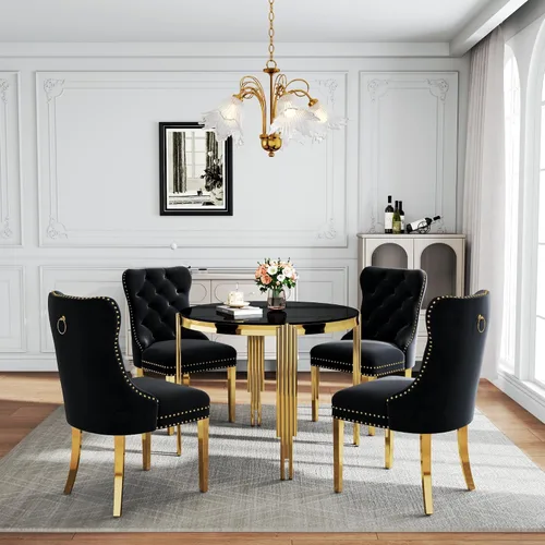 Vista 18 de Juego de mesa de comedor de cristal de 5 piezas para 4, mesa de cocina cuadrada de 37 pulgadas con 4 sillas tapizadas de terciopelo negro, mesa