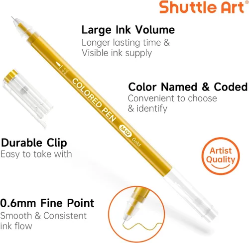 Vista 3 de Shuttle Art - Bolígrafos de colores, 22 tonos negro, blanco, gris y metálico, lindos bolígrafos para diario, 0.6mm de punta fina, bolígrafos de gel