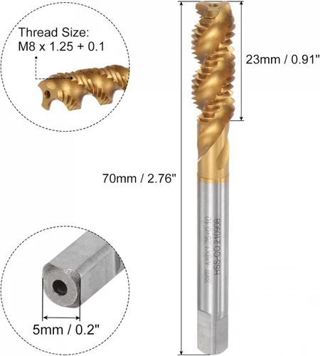 Vista 2 de uxcell Machos de roscar para flauta en espiral, M8 x 1,25 + 0,1 métricas de acero de cobalto recubierto de titanio de alta velocidad para máquina