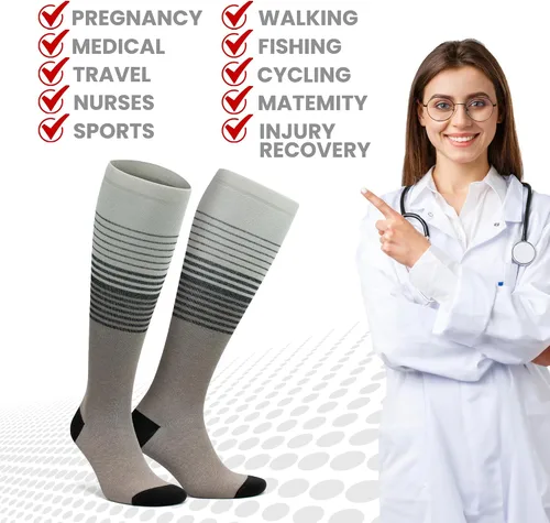 Vista 5 de GoWith 3 pares de calcetines de compresión unisex de 15-20 mmHg, de rayón hecho de bambú, transpirables, para hombres y mujeres Beige - 3 pares