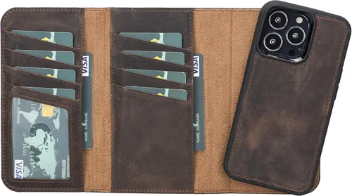 Vista 2 de Bayelon Funda compatible con iPhone 13 Pro, billetera de cuero triple de grano completo [2 en 1], funda magnética desmontable con ranuras