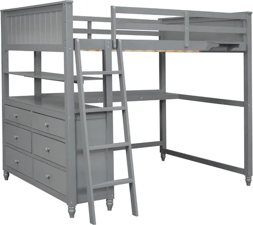 Vista 9 de Cama tipo loft tamaño matrimonial con escritorio y cajones de almacenamiento, cama alta tamaño matrimonial para adultos y niños, marco de cama