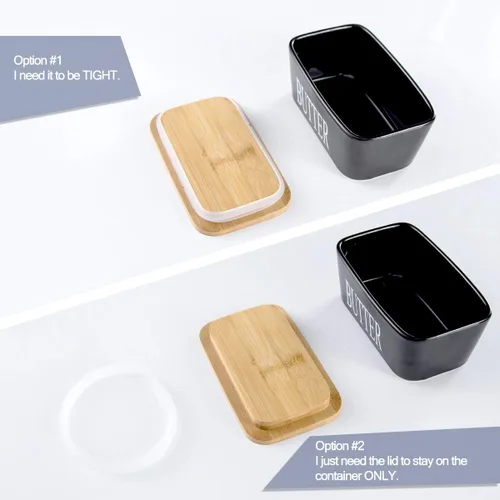 Vista 8 de Hasense Mantequillera de porcelana con tapa de bambú – Mantequera cubierta con cuchillo de mantequilla para encimera, recipiente hermético