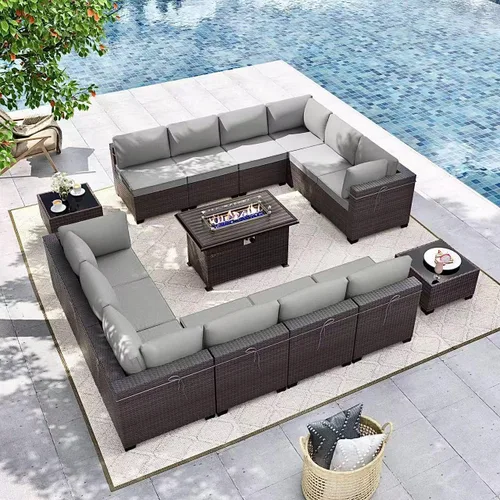Vista 44 de Gotland Juego de muebles de patio de 6 piezas con 1 mesa auxiliar, 5 plazas de ratán seccional para exteriores con reposabrazos anchos de 29.5 Gris