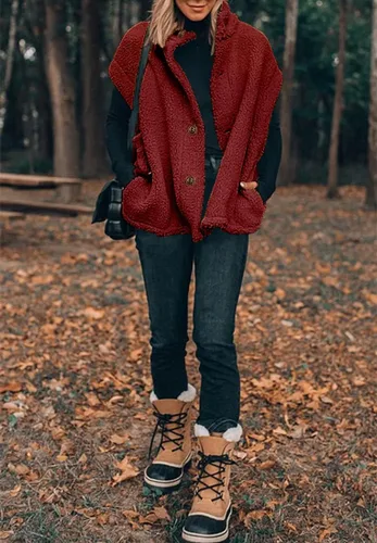 Vista 4 de Hongqizo - Chaleco de forro polar mullido para mujer, casual, de gran tamaño, cálido, con botones, chaqueta de sherpa con bolsillos