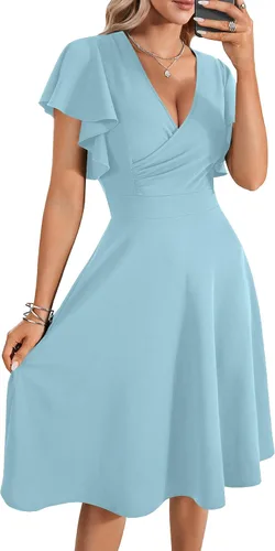 Vista 12 de LYANER Vestido de cóctel de manga corta con volantes y cuello en V, de línea A, con vuelo y estilo midi para mujer Negro puro