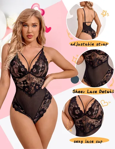 Vista 5 de Avidlove - Lencería de entrepierna a presión para mujer, body de encaje de una pieza, mini traje sexy.