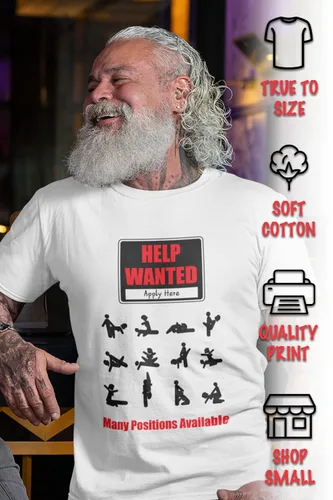 Vista 2 de ShirtBANC Help Wanted - Camisetas divertidas para hombre, comedia, muchas posiciones disponibles