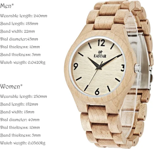 Vista 2 de Eastar de madera relojes para mujer reloj de pulsera de cuarzo para hombre reloj de madera de arce, hecho a mano