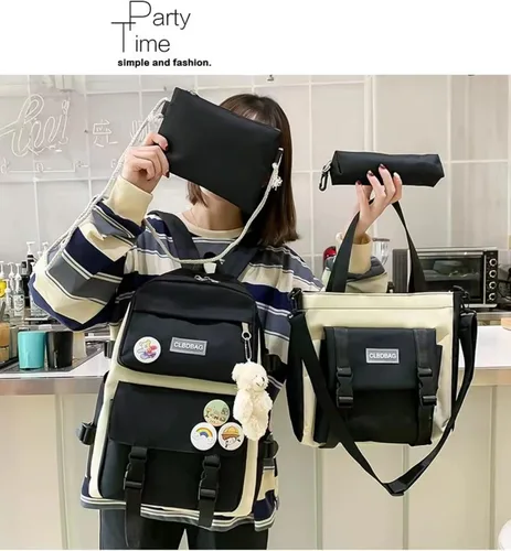 Vista 4 de Teslawi Kawaii - Juego de 4 mochilas estéticas de 17 pulgadas, con colgantes Kawaii, bolsa cruzada, estuche para lápices, bolso, Negro -, Mochila
