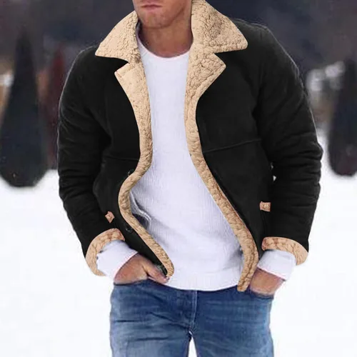 Vista 2 de Abrigo de piel sintética para hombre, chaqueta de sherpa de gamuza térmica, pesada, de piel sintética, con forro, abrigo para exteriores
