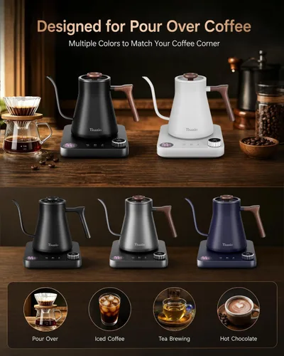 Vista 8 de Hervidor eléctrico de cuello de cisne para verter sobre café, control de precisión de ±1 °F, calefacción inteligente de dos etapas, 2 horas