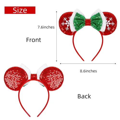 Vista 6 de WOVOWOVO Diademas de orejas de ratón de Navidad para mujeres y niñas, decoración de lazo con lentejuelas rojas y diadema de copo de nieve blanco