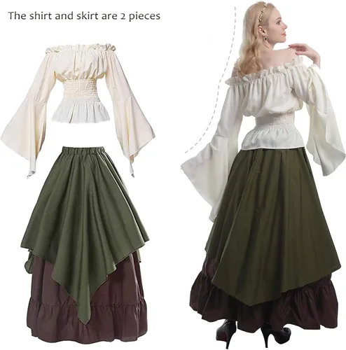 Vista 3 de CR ROLECOS Disfraz renacentista para mujer, vestido medieval campesino, manga trompeta, camisa y falda victoriana