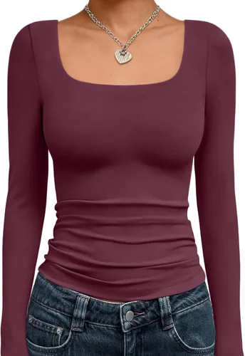 Vista 43 de Trendy Queen - Camisas ombligueras para mujer, manga larga, cuello cuadrado, básicas, para salir, de invierno, Y2K Albaricoque