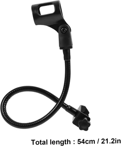 Vista 2 de Soporte de micrófono de cuello de cisne ajustable para escritorio, transmisión en vivo, soporte de micrófono negro, brazo flexible y base compatible