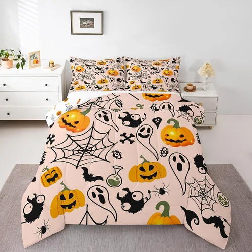 Vista 9 de Erosebridal Ropa de cama de Halloween para niños y niñas, juego de edredón espeluznante de dibujos animados, tamaño individual, relleno de edredón