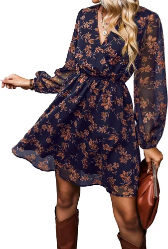 Vista 19 de CUPSHE Vestido floral de otoño para mujer, estilo bohemio, para vacaciones Borgoña Ditsy