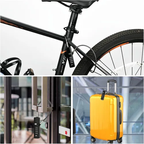 Vista 2 de Cerradura de combinación de cables intercambiables 3, 904EC-Negro 4-Digit Resettable Code Security for Travel, Outdoor Fence Gate, Ski, Scooter