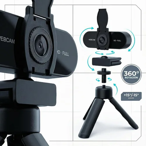 Vista 3 de Cámara web HD 1080P con micrófono, cancelación de ruido, cubierta de privacidad, lente gran angular, corrección de luz automática, cámara web USB