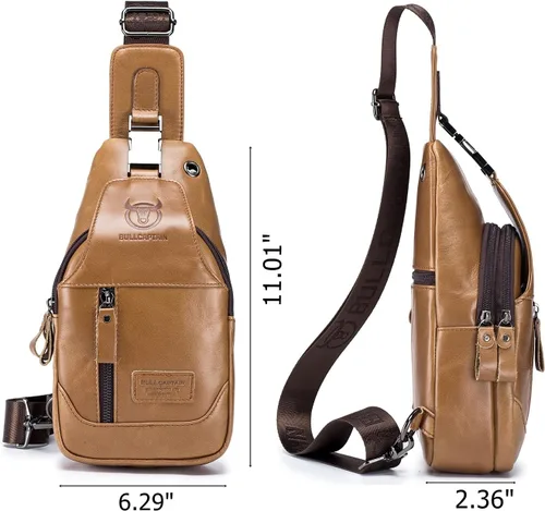 Vista 4 de BULLCAPTAIN Cuero auténtico hombres Sling mochila multi bolsillo crossbody pecho Bolsas viaje senderismo Daypack, Mochilas Sling, marrón