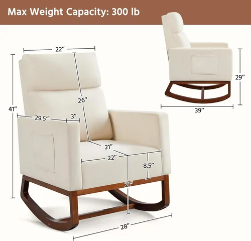 Vista 3 de Yaheetech Silla mecedora para sala de estar, silla deslizante tapizada con bolsillo lateral, silla decorativa moderna con respaldo alto cómodo Beige