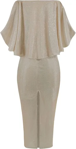 Vista 4 de Vestido largo de fiesta para mujer, elegante, con lentejuelas, hombros descubiertos, sin tirantes, con volantes, vestido largo ajustado