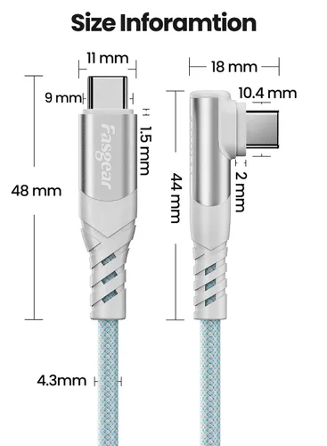 Vista 7 de Fasgear Cable USB C a USB C de 100 W – 1 paquete de 3 pies USB 2.0 tipo C a tipo C PD cable 5A de carga rápida en ángulo recto compatible