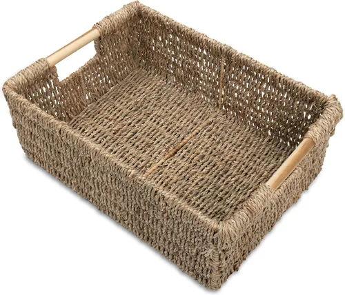Vista 23 de VATIMA Cestas de hierba marina con asas de madera, juego de 3 cestas decorativas de mimbre natural para cocina