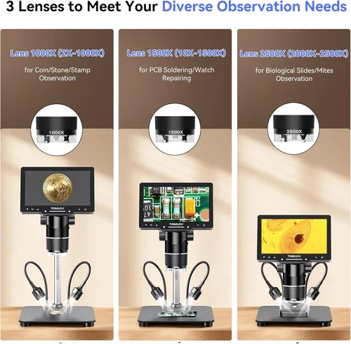 Vista 3 de TOMLOV TriL107 Microscopio digital de 3 lentes: Lupa de microscopio de monedas HDMI de 7 "2500X 2K para visión completa de monedas con pantalla IPS