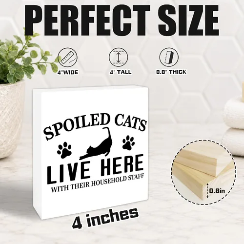 Vista 2 de 4x4 Funny Cat Wooden Block Sign, Spoiled Cats Live Here