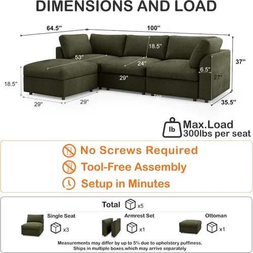 Vista 2 de Sofá modular Cloud de 100 pulgadas con reposabrazos curvo, moderno sofá modular con otomana de almacenamiento, cómodo sofá de nube de gran