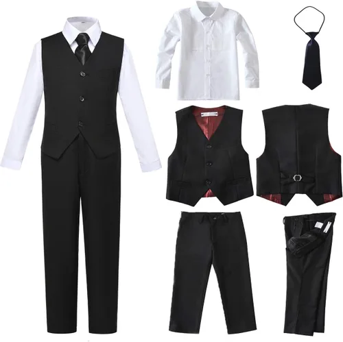 Vista 3 de Trajes de 4 piezas para niños, conjuntos de chaleco y pantalones, ropa formal para niño