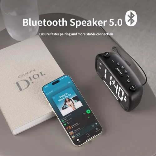 Vista 5 de OnLyee Radio despertador 5 en 1 – Radio FM, sonido de altavoz de alta fidelidad, altavoz Bluetooth, temporizador de apagado automático, luz