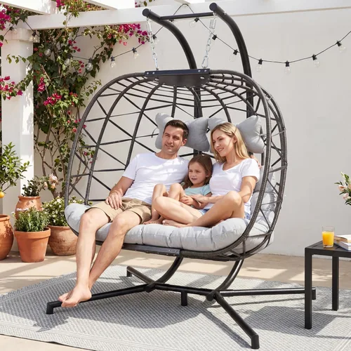 Vista 15 de BULEXYARD Silla columpio doble con soporte, asiento de gran tamaño para 2