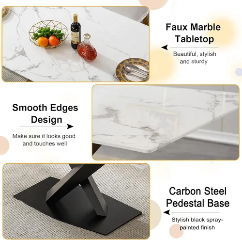 Vista 5 de Juego de mesa de comedor de mármol blanco para 4, 70 pulgadas, mesa de comedor de mármol blanco con 4 sillas de terciopelo beige y base de acero al