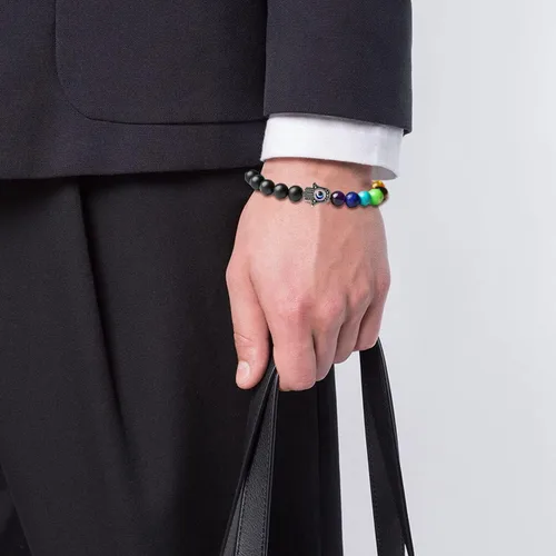 Vista 3 de BOMAIL Juego de 2 9 pulseras de mal de ojo Hamsa de 7 chakras, piedras preciosas de lava, pulseras de cuentas de hamsa de mal de ojo azul