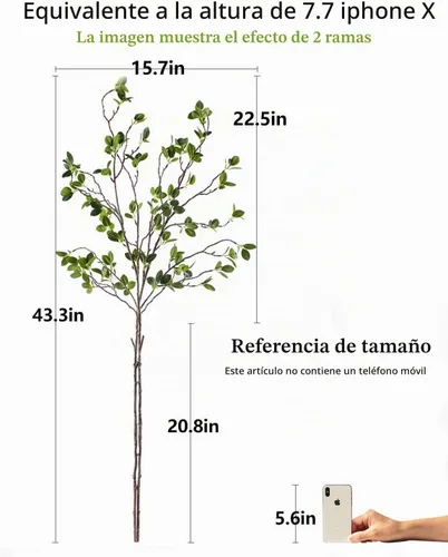 Vista 2 de Planta artificial de 43.3 pulgadas, ramas verdes, hojas, tienda, jardín, oficina, decoración del hogar (6 piezas)