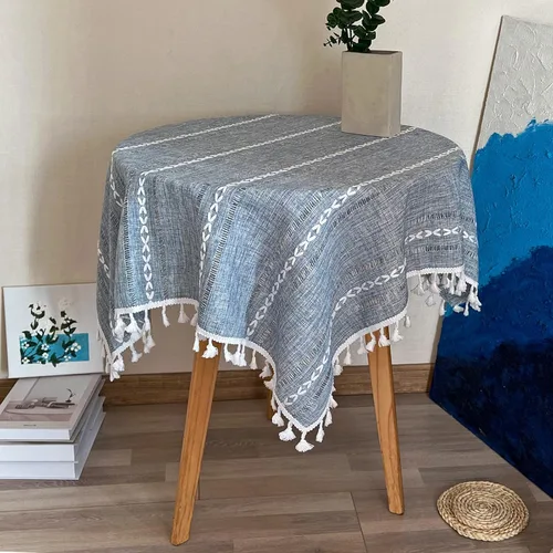 Vista 9 de Mantel Redondo Pequeño de Lino Rústico para Mesita de Noche con Rayas Bordadas Lavable Azul Cubierta de Mesa Estilo Granja con Puntadas y Borlas