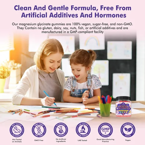 Vista 6 de Gomitas de glicinato de magnesio para niños mayores de 4 años y adultos, glicinato de magnesio 150/300 mg para sueño natural, relajación y apoyo