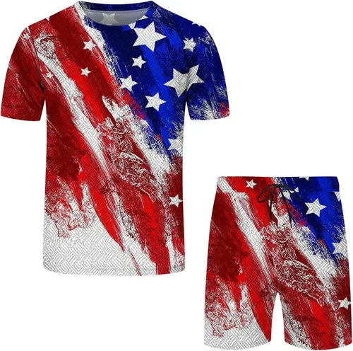 Vista 3 de Conjunto de camiseta y pantalones cortos para hombre, conjunto de 2 piezas, conjunto casual de verano con bolsillo, talla grande, deportivo